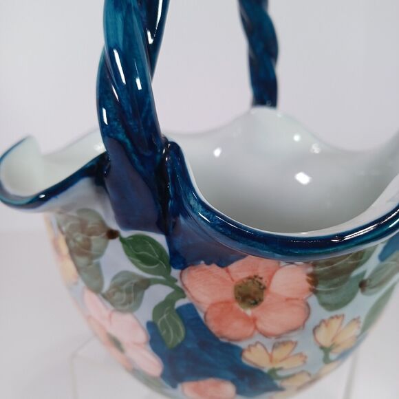 Ruffled Ceramic Basket Handcrafted Blue White Pink Floral Twisted Handle - Picture 5 of 11